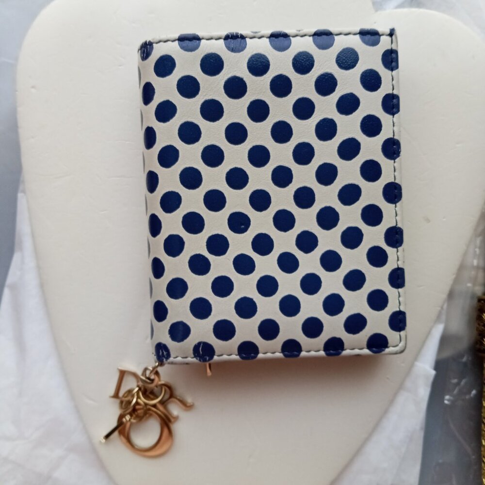 Christian Dior Cream & Blue Dot Leather Bi-Fold Small Wallet with letters charm